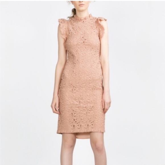 ZARA Lace Floral Sleeveless Ruffle Structured Midi Dress Blush Pink Size Small - Picture 1 of 8